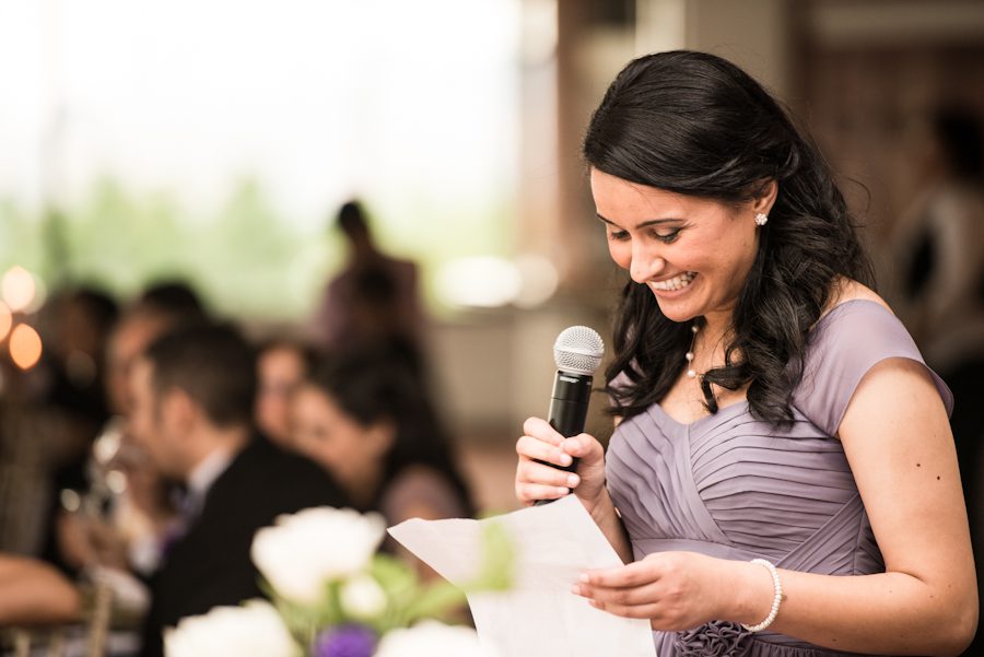Maid of Honor's speech during a wedding reception at the Palisadium in Cliffside Park, NJ. Captured by awesome NJ wedding photographer Ben Lau.