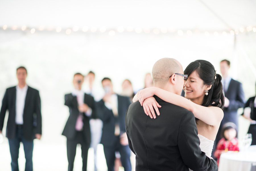 First dance between bride and groom at the Mountain Lakes house in Princeton, NJ. Captured by awesome NJ wedding photographer Ben Lau.