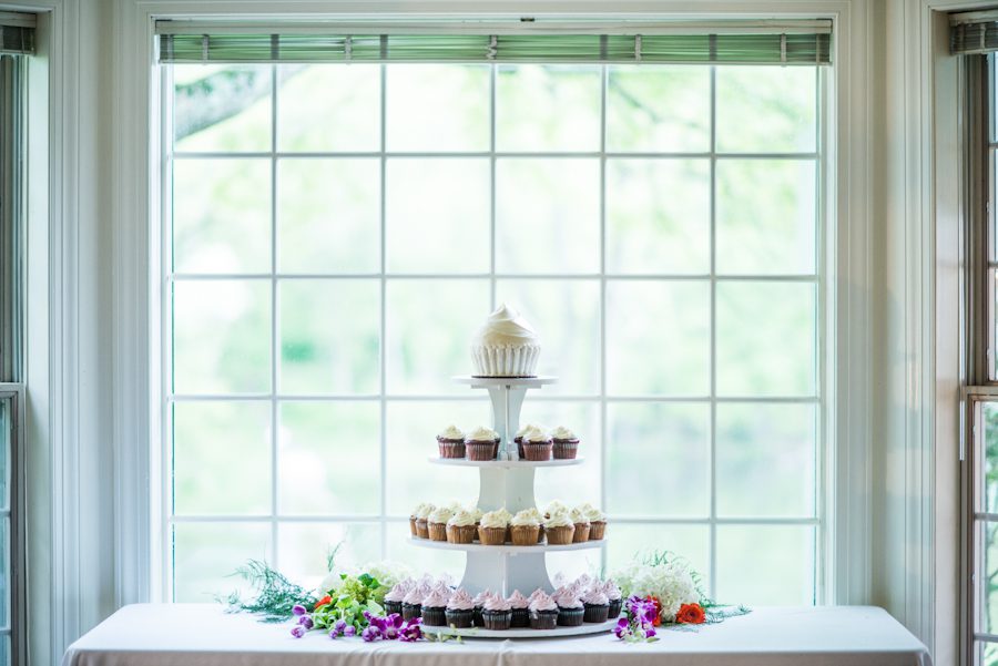Wedding cupcake tower at the Mountain Lakes House in Princeton, NJ. Captured by awesome NJ wedding photographer Ben Lau.