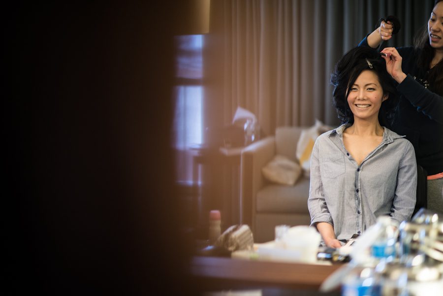 Yulan gets ready at the Westin Hotel in Princeton, NJ. Captured by awesome NJ wedding photographer Ben Lau.