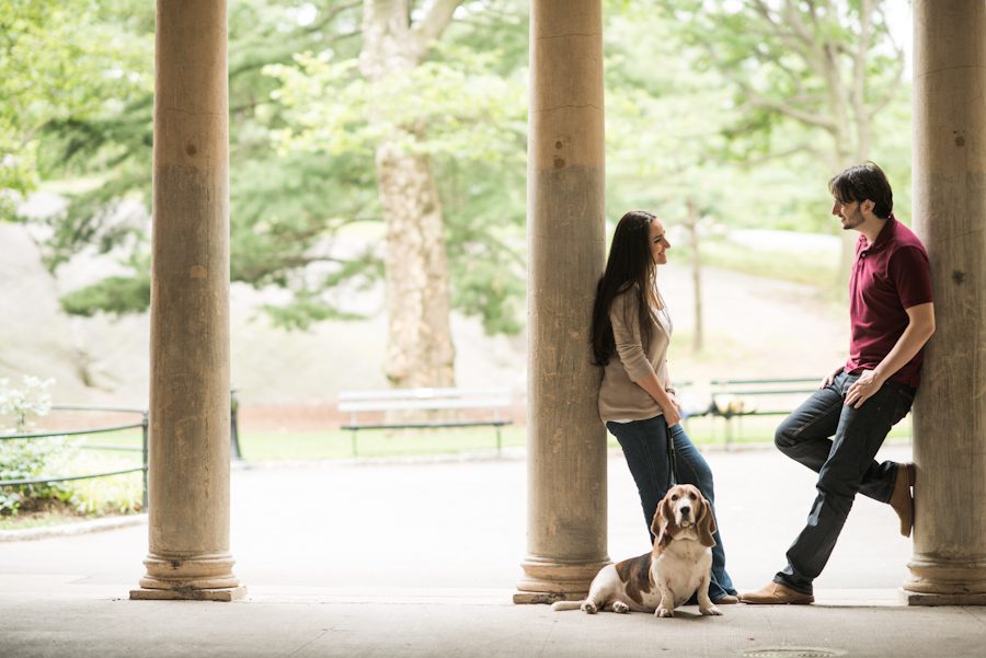 Margot and Alex pose with their dog Baby Girl during their engagement session in Central Park with awesome NY wedding photographer Ben Lau.