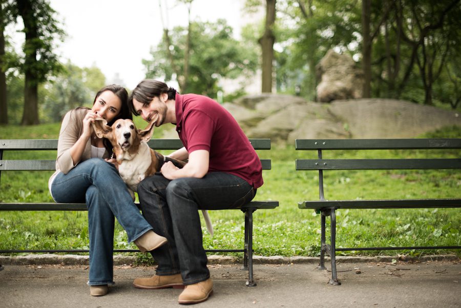 Margot and Alex pose with their dog Baby Girl during their engagement session in Central Park with awesome NY wedding photographer Ben Lau.