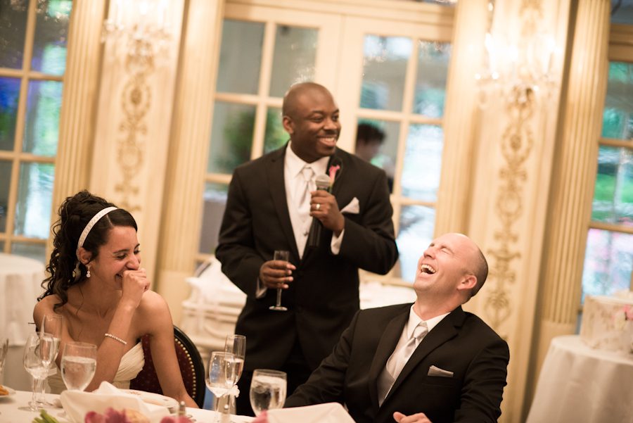 Man of Honor makes a toast on Patrice and Josh's wedding day at The Manor in West Orange. Captured by best NJ wedding photographer Ben Lau.