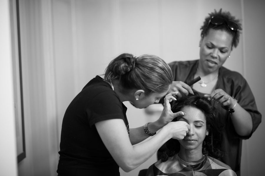 Bride gets her hair and make up done on her wedding day at The Manor in West Orange. Captured by best NJ wedding photographer Ben Lau.