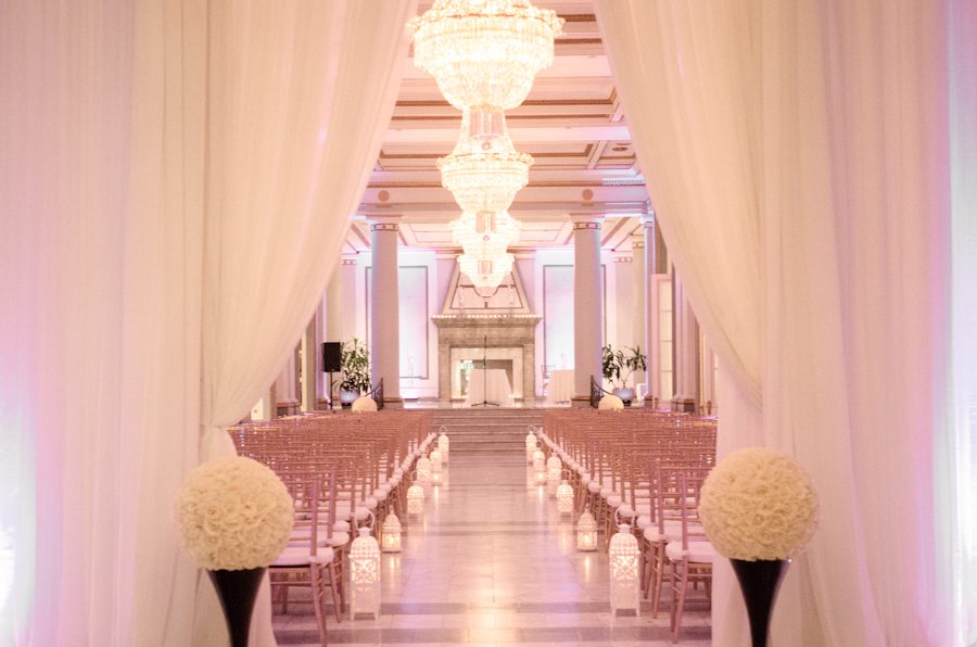 Ceremony decor at Le Windsor in Montreal, QC. Captured by destination wedding photographer Ben Lau.