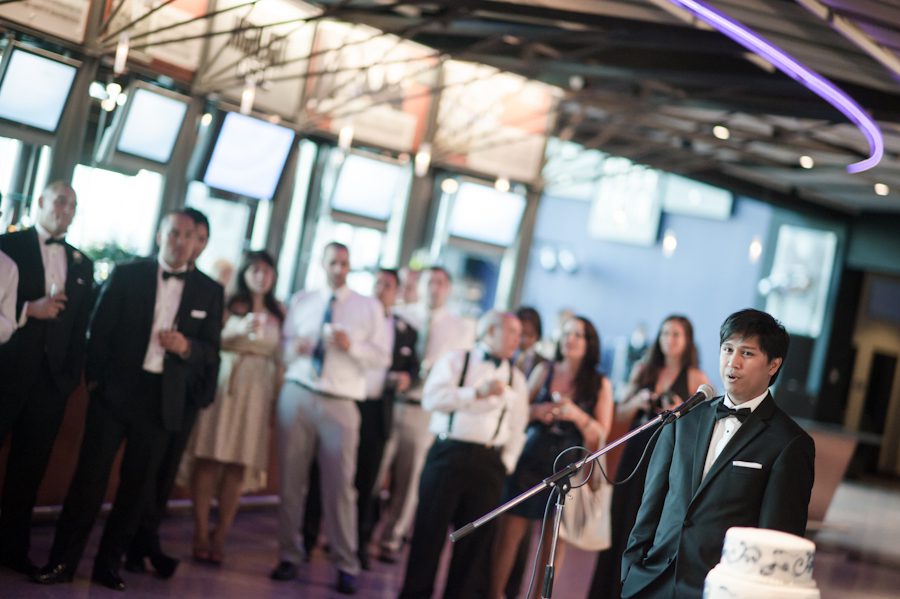 Best man speech during a reception at Raven Stadium in Baltimore, MD. Captured by awesome Ben Lau Photography.