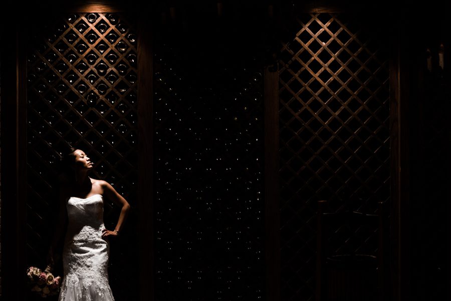 Bride Sarah poses along a wine cellar inside The Manor in West Orange, NJ. Captured by awesome NJ wedding photographer Ben Lau.