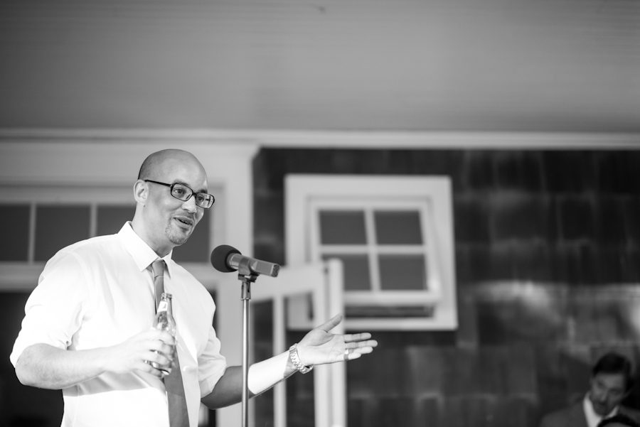 Brother of the groom makes a speech on Katie and Jason's wedding day on Shelter Island, NY. Captured by Northern NJ wedding photographer Ben Lau.
