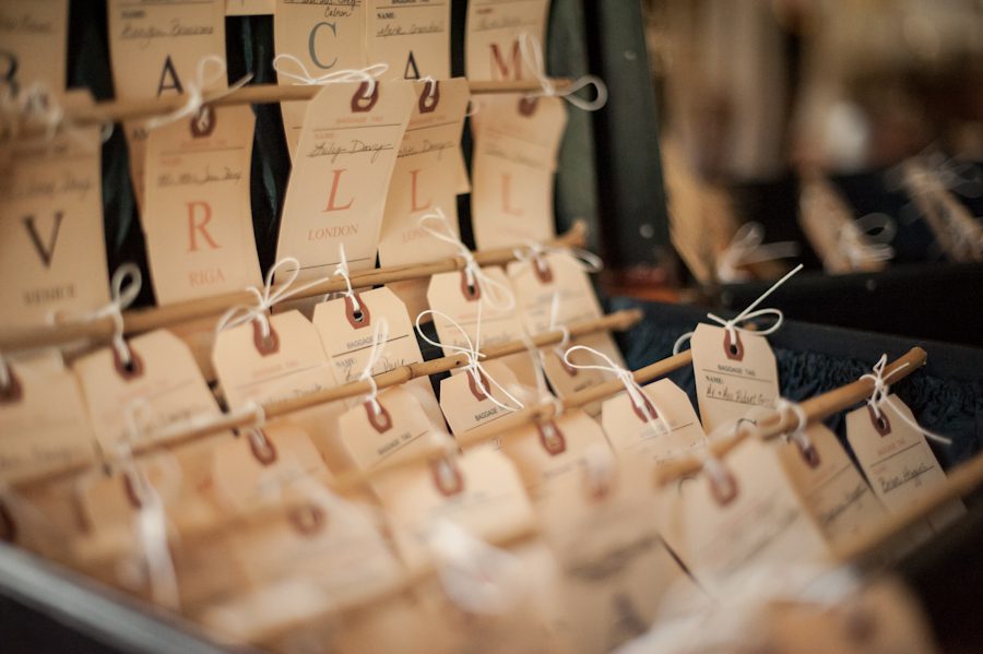 Luggage tag table place cards for Katie and Jason's wedding day on Shelter Island, NY. Captured by Northern NJ wedding photographer Ben Lau.