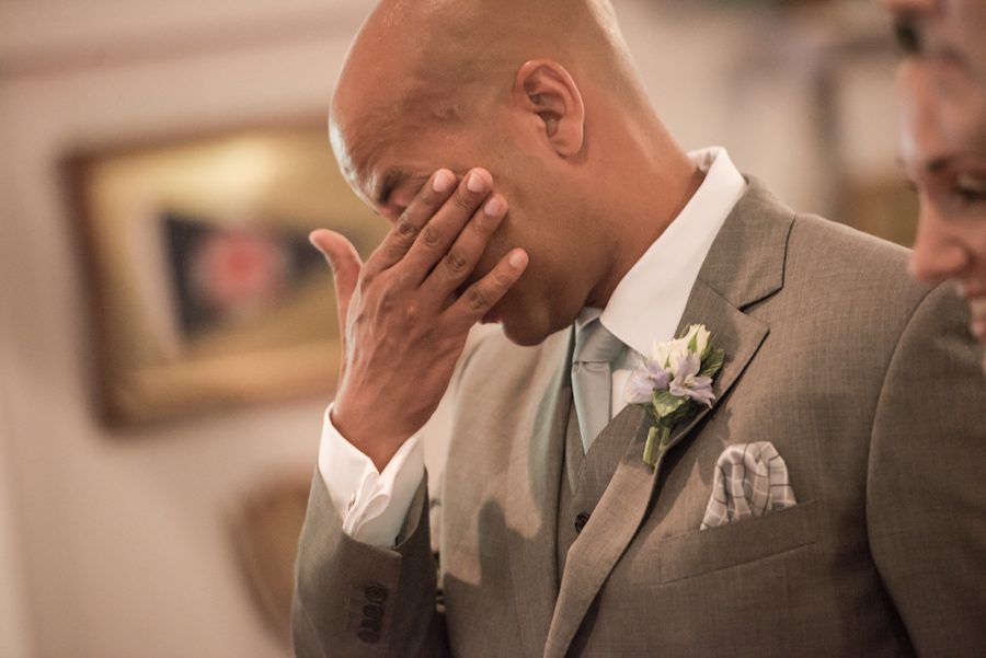 Groom sheds tears during his wedding on Shelter Island. Captured by Northern NJ wedding photographer Ben Lau.