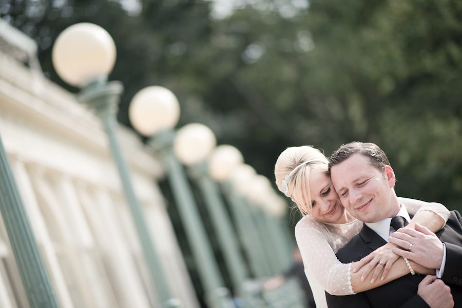 Bride and groom pose for portraits at the Audubon Center in Prospect Park after their New York City Hall wedding. Captured by northern NJ wedding photographer Ben Lau.