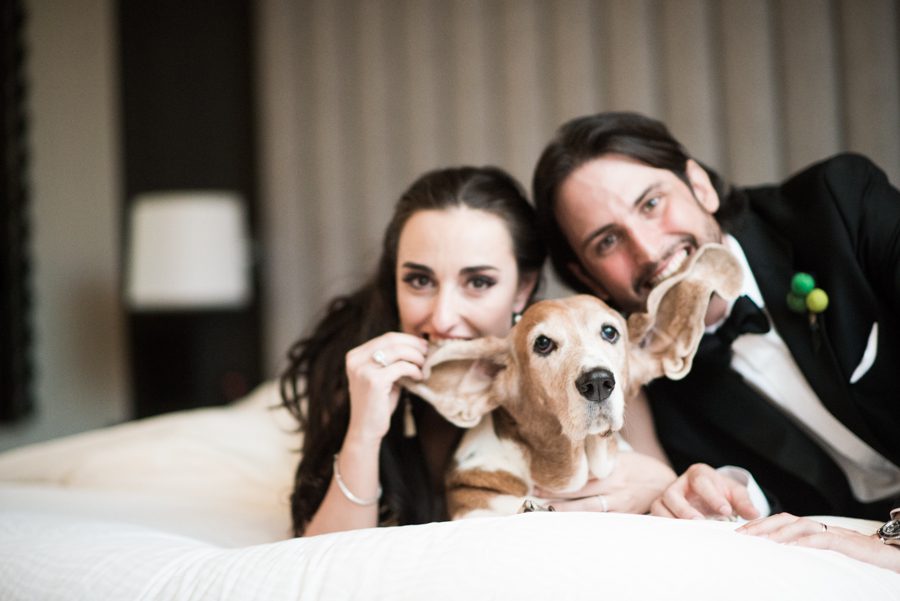 Margot and Alex pose with Baby Girl for their bridal portraits at the Eventi Hotel in New York City. Captured by NYC wedding photographer Ben Lau.