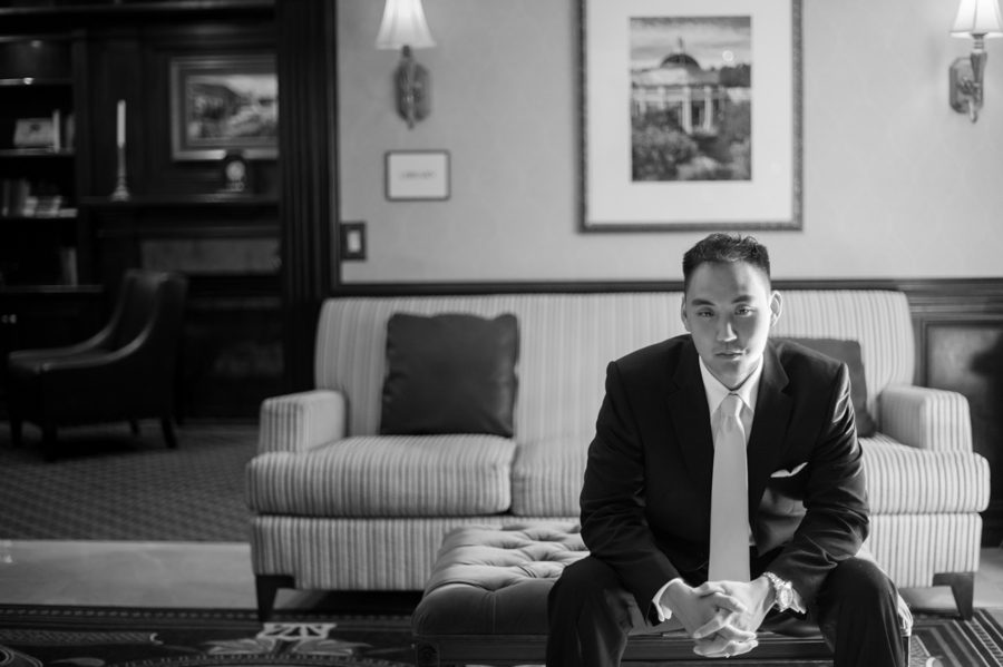 Groom Ed poses for a portrait on the morning of his wedding day at The Manor in West Orange, NJ. Captured by northern nj wedding photographer Ben Lau.
