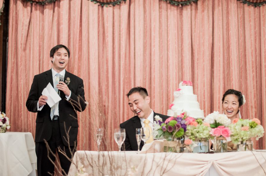 Best man's speech during Ed and Sarah's wedding at The Manor in West Orange, NJ. Captured by northern NJ wedding photographer Ben Lau.