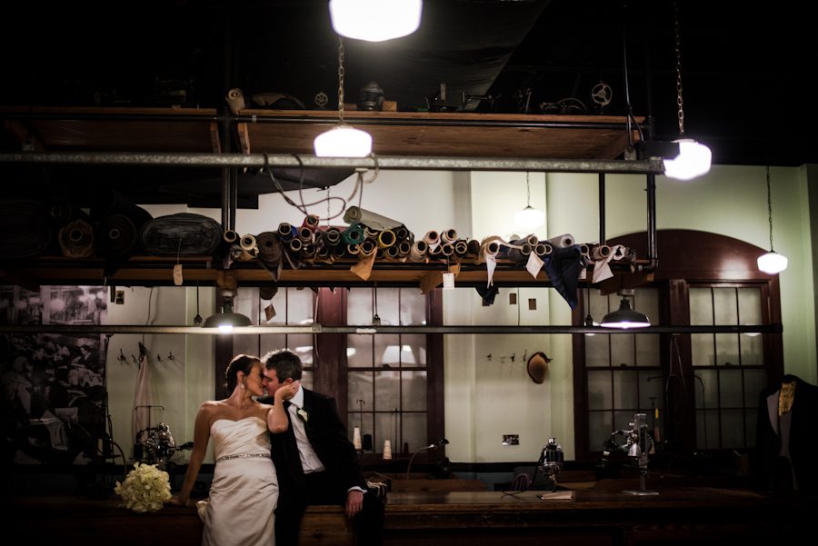 Bride and groom portraits at the Baltimore Museum of Industry. Captured by Ben Lau Photography.