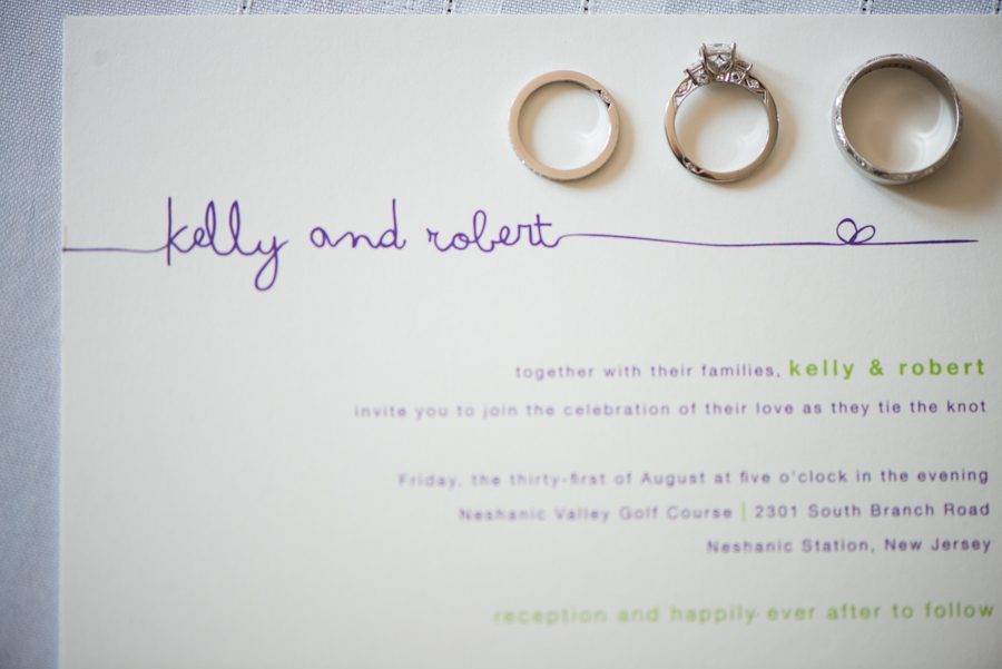 Rings and invitation to Kelly and Rob's wedding at the Neshanic Valley Golf Course in Neshanic Station, NJ. Captured by northern NJ wedding photographer Ben Lau.