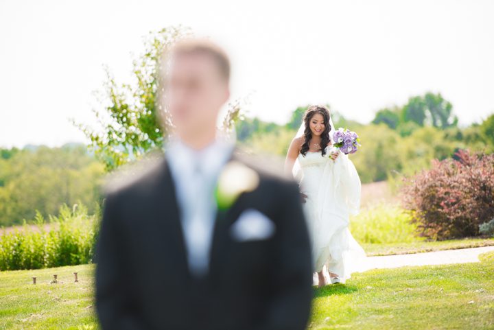 Bride and Groom's first look at their Neshanic Valley Golf Course wedding in Neshanic Station, NJ. Captured by northern NJ wedding photographer Ben Lau.
