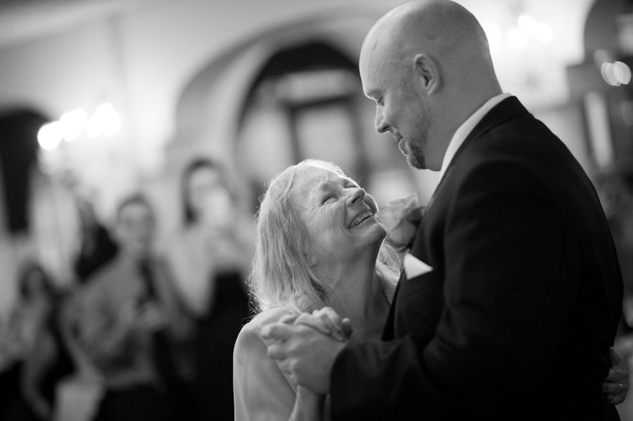 Mother and son dance during their wedding reception at Perona Farms. Captured by northern NJ wedding photographer Ben Lau.