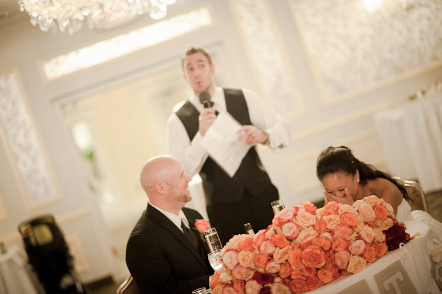 Best man's speech during a wedding reception at Perona Farms. Captured by northern NJ wedding photographer Ben Lau.