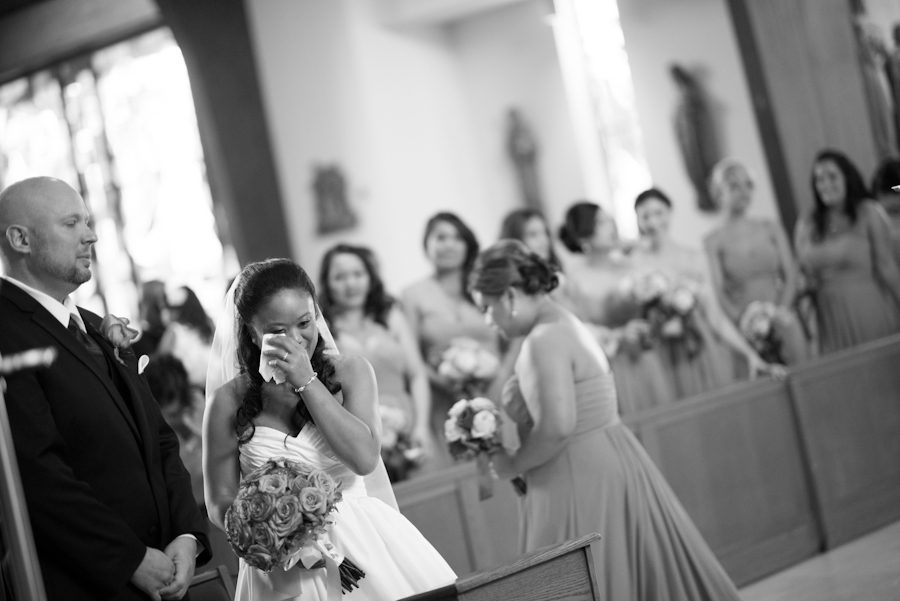 Bride cries during her wedding at Perona Farms in Andover, NJ. Captured by northern NJ wedding photographer Ben Lau.