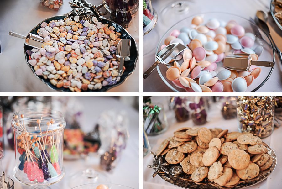 Candy station at Joe and Fran's wedding reception at the Baltimore Yacht Club. Captured by Baltimore wedding photographer Ben Lau.