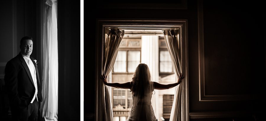 Bride and groom pose for portraits on the morning of their wedding day at the Belvedere Hotel in Baltimore, MD. Captured by Ben Lau Photography.