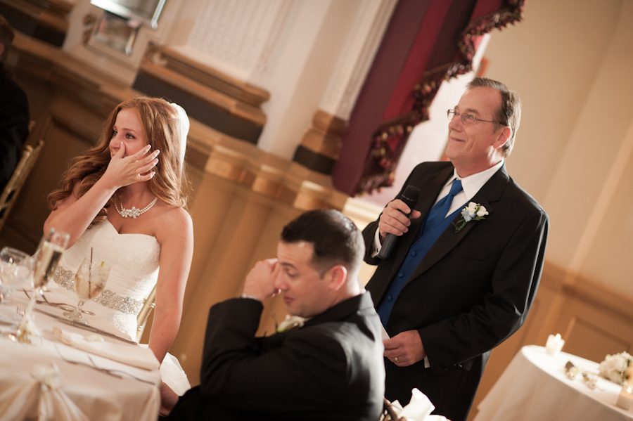 Father of the bride's speech during Lauren and Tony's wedding reception at The Belvedere Hotel in Baltimore, MD. Captured by Ben Lau Photography.