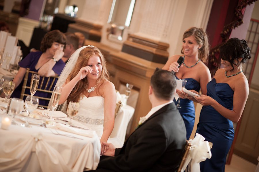 Maids of Honor speech during Lauren and Tony's wedding reception at The Belvedere Hotel in Baltimore, MD. Captured by Ben Lau Photography.