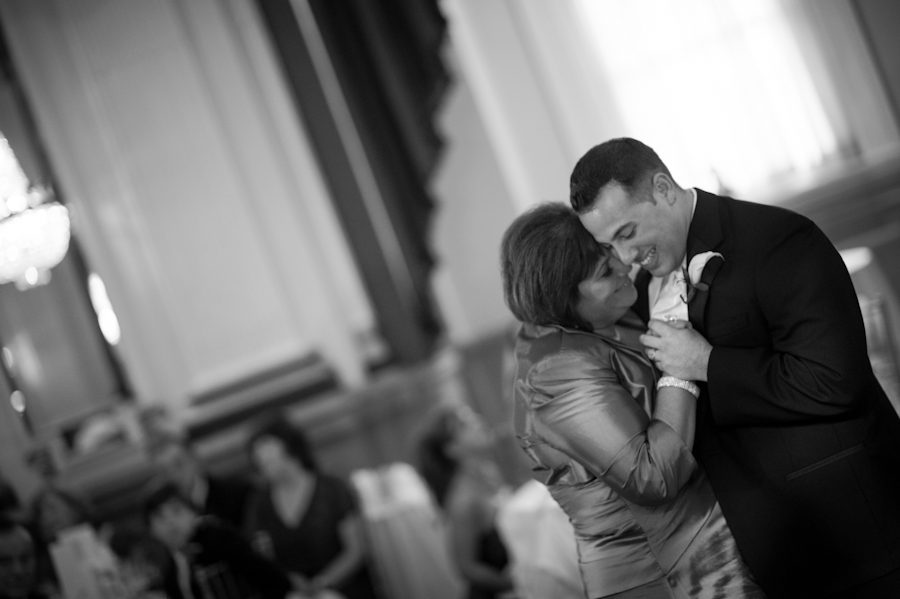 Mother and son's dance at Lauren and Tony's wedding reception at The Belvedere Hotel in Baltimore, MD. Captured by Ben Lau Photography.