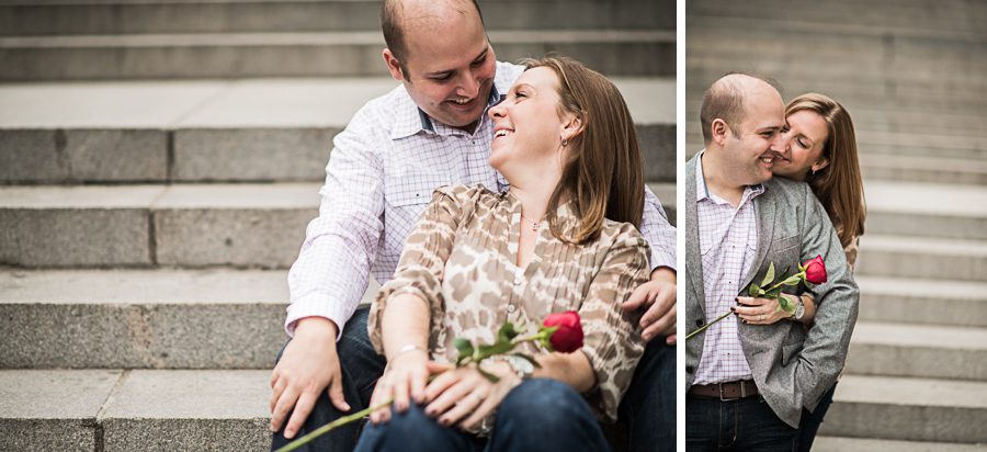 Katie and Craig sit in front of the Met Museum during their engagement session with NYC wedding photographer Ben Lau.