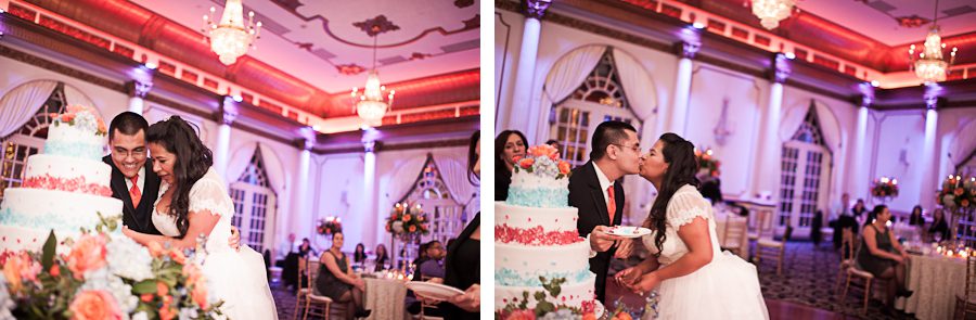 Cake cutting during a wedding at the Crystal Plaza in Livingston, NJ. Captured by NJ wedding photographer Ben Lau.