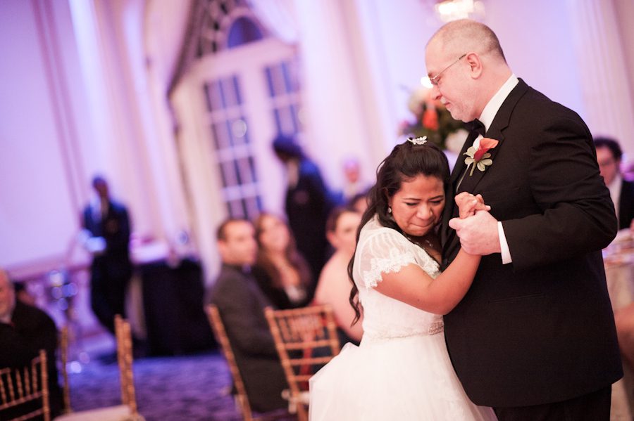 Bride and father dance at the Crystal Plaza in Livingston, NJ. Captured by NJ wedding photographer Ben Lau.