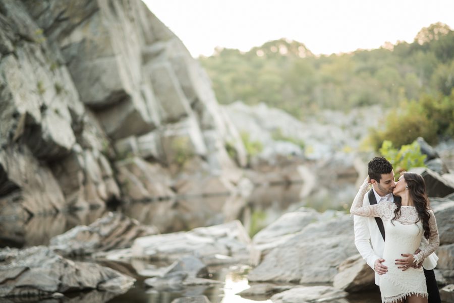 Christine and Chalita pose in Great Falls during their engagement session with DC wedding photographer Ben Lau.