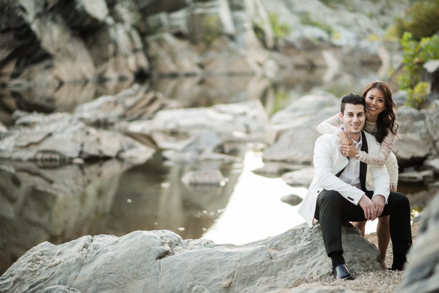 Christine and Chalita pose in Great Falls during their engagement session with DC wedding photographer Ben Lau.