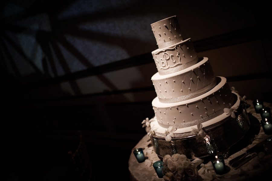 Wedding cake at wedding reception at The Grove in Cedar Grove, NJ. Captured by northern NJ wedding photographer Ben Lau.