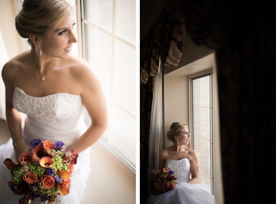 Bride poses for her bridal portraits at the Madison Hotel in Morristown, NJ. Captured by NJ wedding photographer Ben Lau.