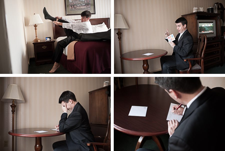 Goofy groom writes a note to his bride in his room at the Madison Hotel in Morristown, NJ. Captured by NJ wedding photographer Ben Lau.
