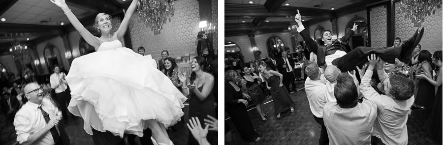Bride and groom get tossed into the air during their wedding at the Madison Hotel in Morristown, NJ. Captured by NJ wedding photographer Ben Lau.