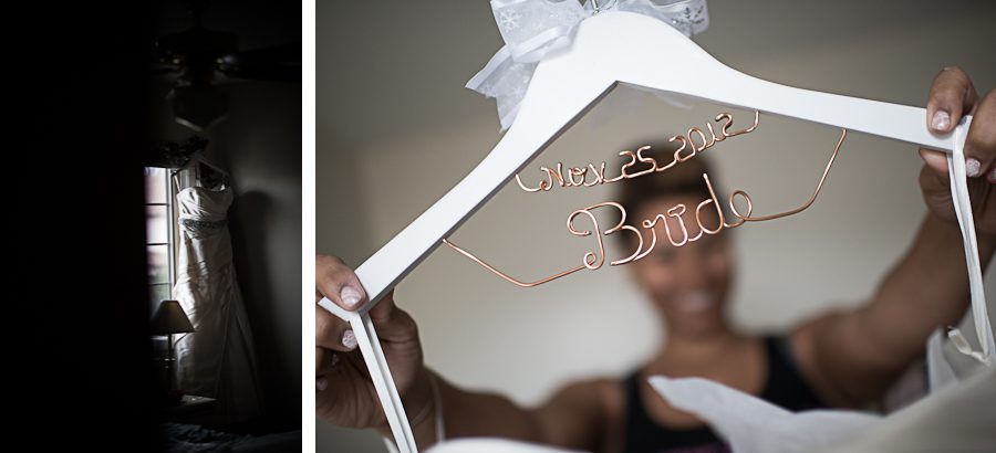 Bride's dress and customized hangers for her wedding at the Maritime Park in Jersey City, NJ. Captured by NJ wedding photographer Ben Lau.