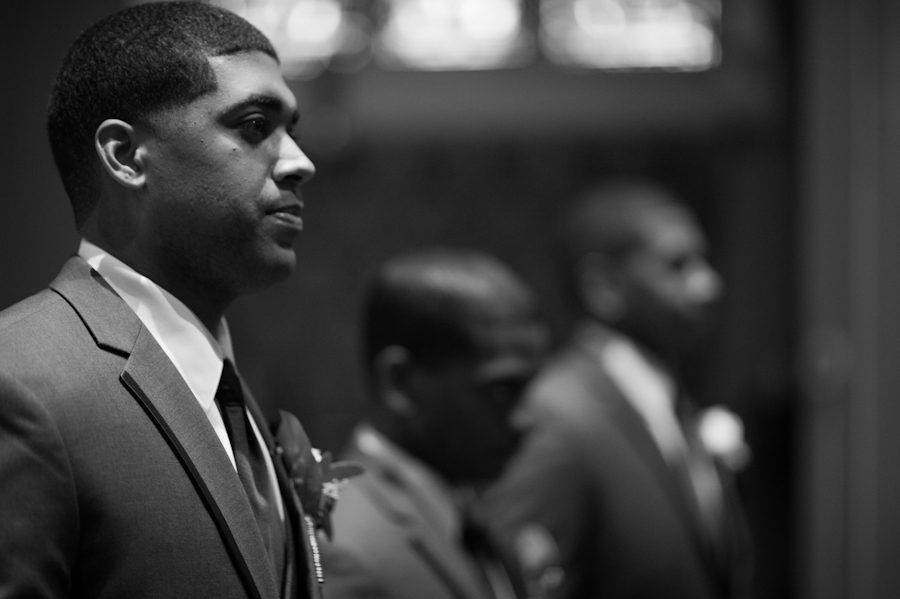 Groom waits for bride during a wedding ceremony in Jersey City, NJ. Captured by NJ wedding photographer Ben Lau.