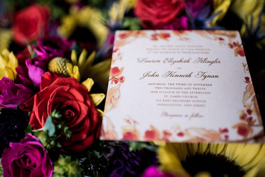 Flowers and stationery for Lauren and John's wedding at Mercer oaks in Princeton Junction, NJ. Captured by NJ wedding photographer Ben Lau.