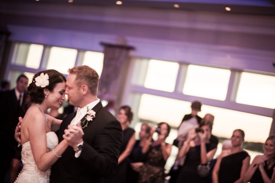 Bride and groom's first dance during their wedding reception at Clarks Landing in Point Pleasant, NJ. Captured by northern NJ wedding photographer Ben Lau.