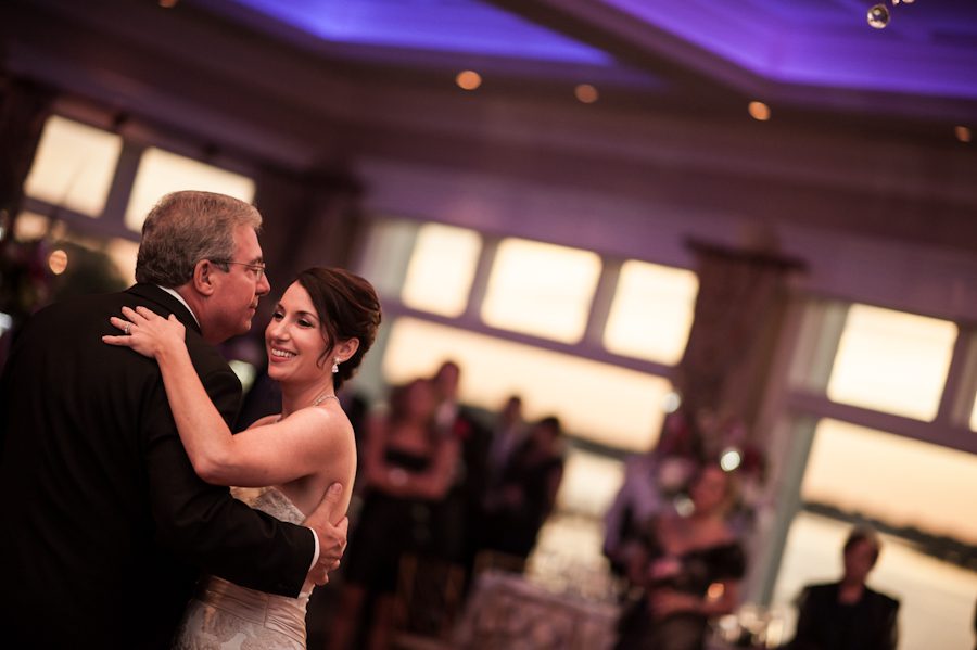 Bride and her father dance during her wedding reception at Clarks Landing in Point Pleasant, NJ. Captured by northern NJ wedding photographer Ben Lau.