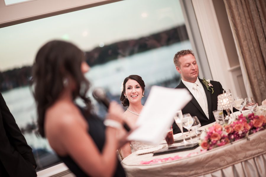 Maid of Honor makes a speech during Nicole and Gregg's wedding reception at Clarks Landing in Point Pleasant, NJ. Captured by northern NJ wedding photographer Ben Lau.