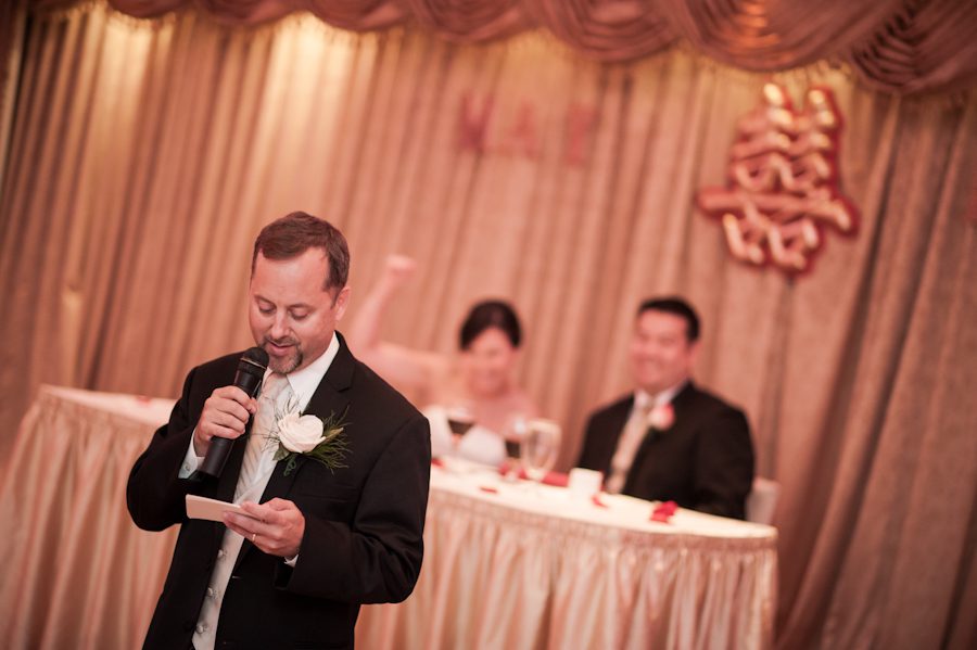 Speeches during a wedding reception at Mudan's in Flushing, NY. Captured by Ben Lau Photography.