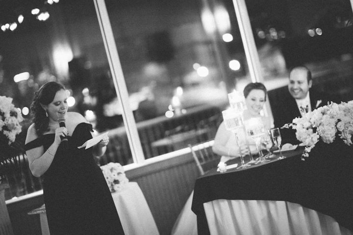 Matron of Honor's speech during a wedding reception at the Liberty House in Jersey City, NJ. Captured by NYC wedding photographer Ben Lau.