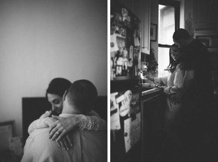 Nicole and Matt in their apartment during their engagement session in the West Village with NYC wedding photographer Ben Lau.
