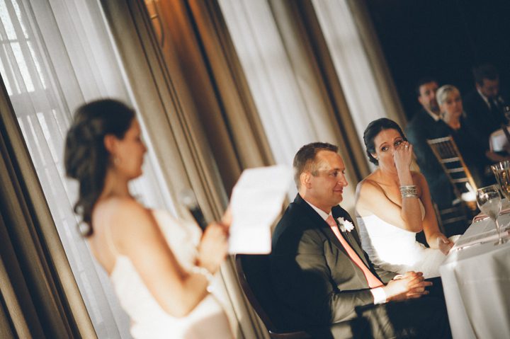 Maid of honor makes a speech during a wedding reception at the Phoenixville Foundry in Phoenixville, Pa. Captured by Northern NY wedding photographer Ben Lau.