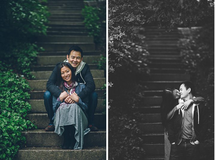 Couple poses on stairs during their engagement session in Prospect Park with NYC wedding photographer Ben Lau.