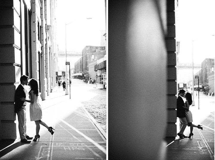 Sylvia and Joe kiss each other during their engagement session in DUMBO with NYC wedding photographer Ben Lau.